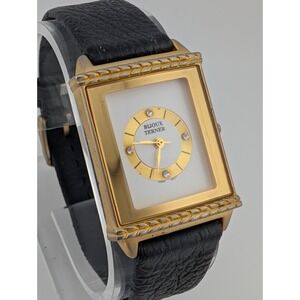 Bijoux Terner Watch Women 26mm Gold Case Black Leather Band- New Battery